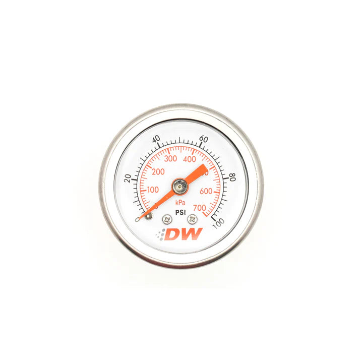 A24-1421-DW Mechanical fuel pressure gauge. 1/8 NPT. 0-100 psi. 1.5" diameter. White face