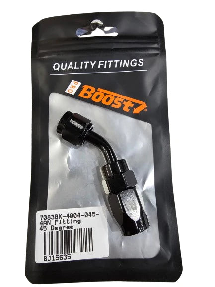 A24-2717-BOOST 4AN Hose End Fitting 45 Degree Swivel for Braided Fuel Hose, Black