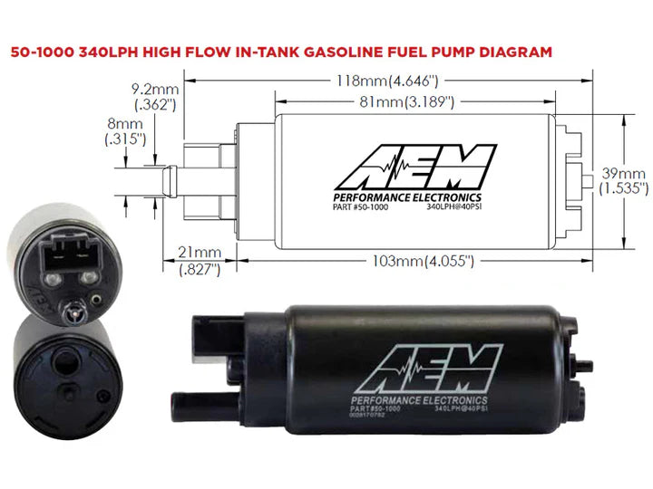 A24-1839-AEM High Flow In-Tank Fuel Pump (PN 50-1000) flows 340 lph