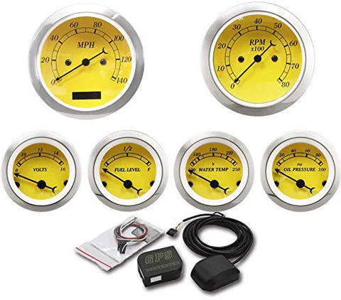 A24-1451-MOTOR METER RACING 6 Gauge Set Classic with GPS Electrical Speedometer Digital Odometer Yellow Dial