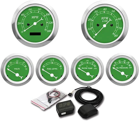 A24-1452-MOTOR METER RACING Digital Odometer Green Dial Dashboard 6 Gauge Set GPS Electrical Speedometer/Tachometer/Fuel Level/Voltmeter/Water Temp/Oil Pressure