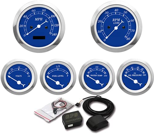 A24-1449-MOTOR METER RACING Digital Odometer Blue Dial Dashboard 6 Gauge Set GPS Electrical Speedometer/Tachometer/Fuel Level/Voltmeter/Water Temp/Oil Pressure