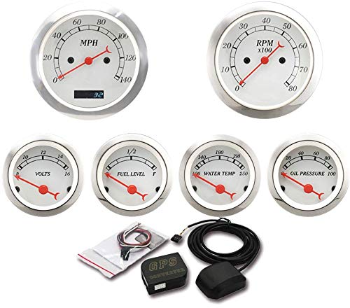 A24-1448-MOTOR METER RACING 6 Gauge Set Classic with GPS Electrical Speedometer Digital Odometer White Dial Red Pin