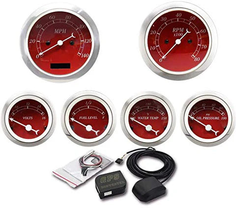 A24-1450-MOTOR METER RACING 6 Gauge Set Classic with GPS Electrical Speedometer Digital Odometer Red Dial White Pin