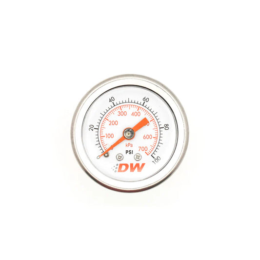 A24-1421-DW Mechanical fuel pressure gauge. 1/8 NPT. 0-100 psi. 1.5" diameter. White face
