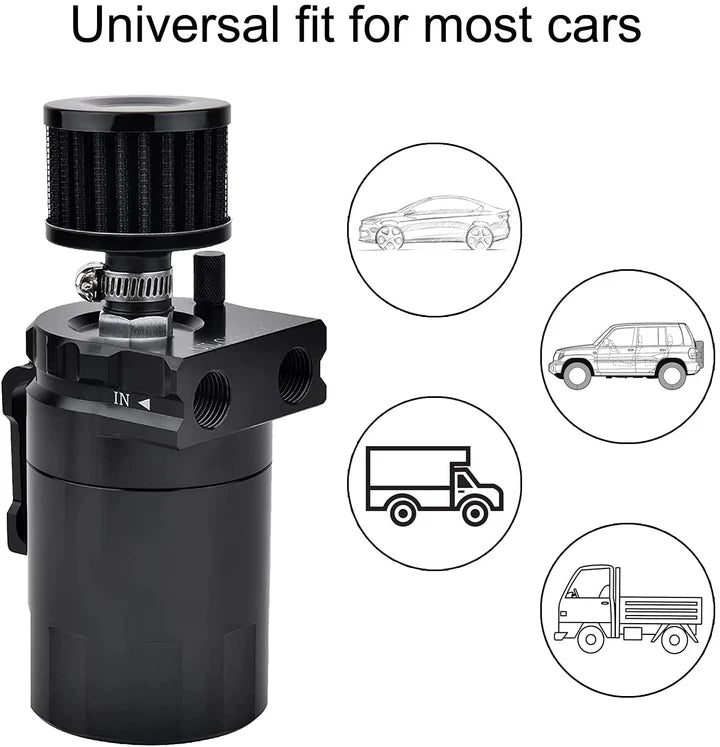 A24-2434-Oil Catch Can Reservoir Tank with Air Filter Breather Baffled Aluminum Fittings Oil Dipstick Hole Breathable Kettle