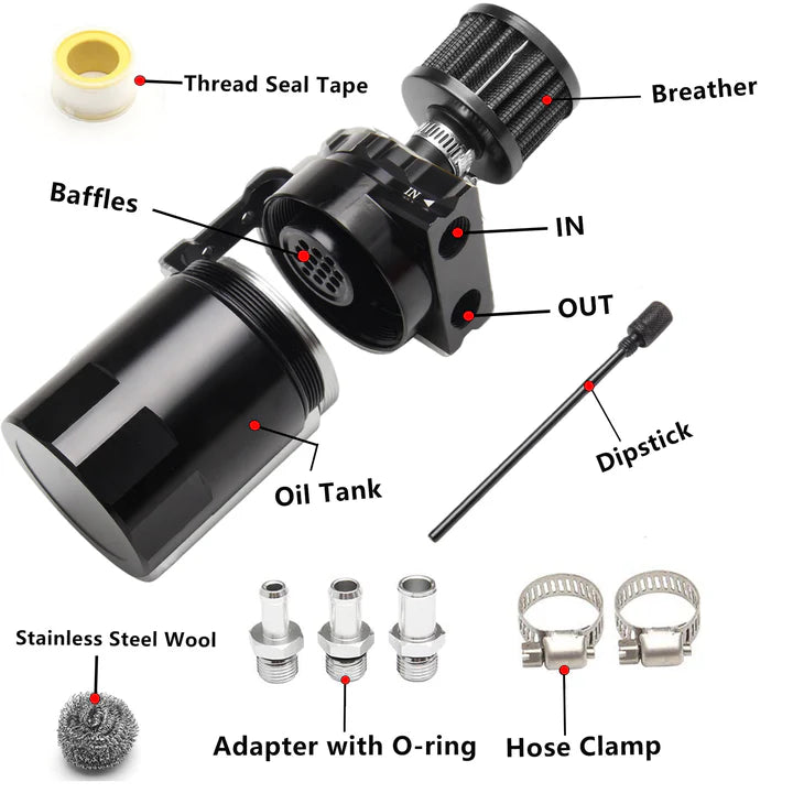 A24-2434-Oil Catch Can Reservoir Tank with Air Filter Breather Baffled Aluminum Fittings Oil Dipstick Hole Breathable Kettle