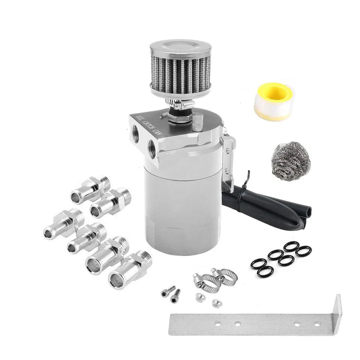 A24-2434-Oil Catch Can Reservoir Tank with Air Filter Breather Baffled Aluminum Fittings Oil Dipstick Hole Breathable Kettle