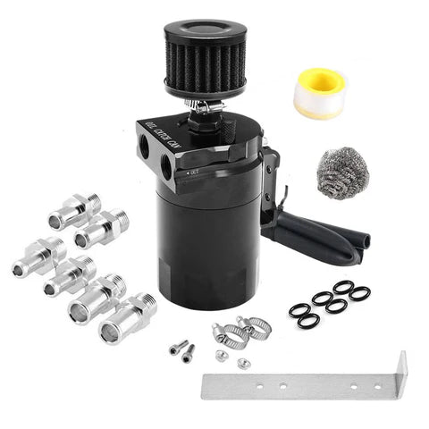 A24-2434-Oil Catch Can Reservoir Tank with Air Filter Breather Baffled Aluminum Fittings Oil Dipstick Hole Breathable Kettle