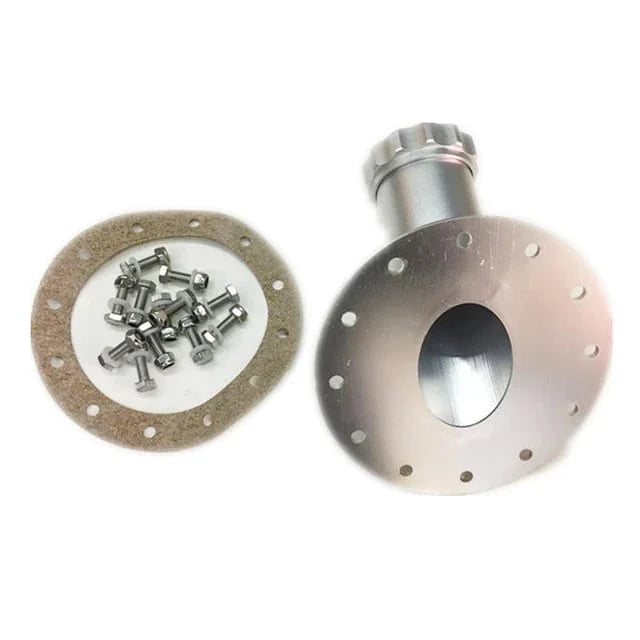 A24-2118-Aluminum Billet 45 Degree Fuel Cell Fast Filler Neck With Mounting Hole 12 Bolt Flange