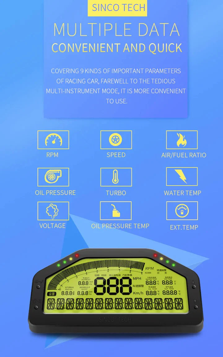 A24-1372-DO908 Car Dash Race Display rally Gauge Sensor Kit Dashboard LCD Screen 9000RPM