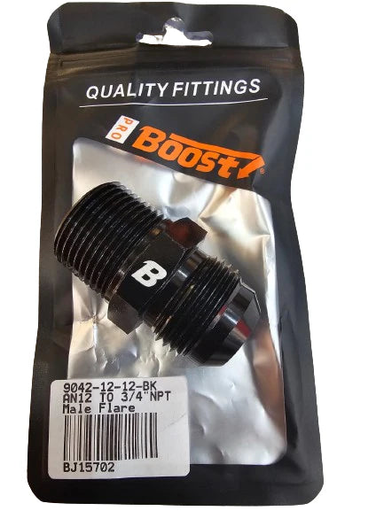 A24-2654-BOOST Aluminum 12AN Male Flare to 3/4 NPT Male Straight Fuel Hose Adapter Pipe Thread Fitting Black