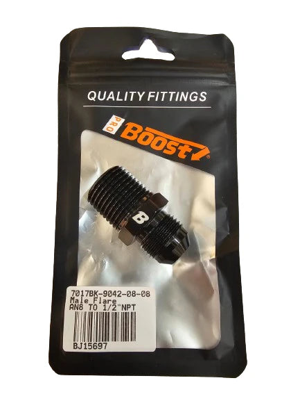 A24-2659-BOOST 8AN Flare to 1/2" NPT Pipe Hose Adapter Fitting Aluminum AN8 Male Flare to 1/2 NPT Male Thread Black