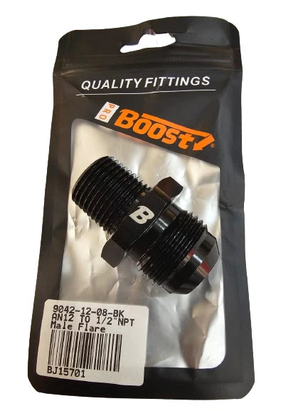 A24-2655-BOOST 12AN Flare to 1/2" NPT Pipe Hose Adapter Fitting Aluminum AN12 Male Flare to 1/2 NPT Male Thread Black Anodized