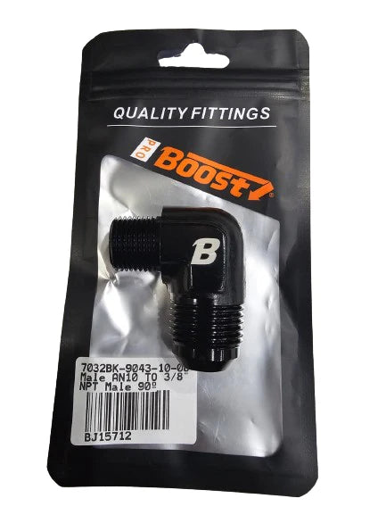 A24-2652-BOOST 10AN Male to 3/8" NPT 90 Degree Fitting Adapter Aluminum Black Colo