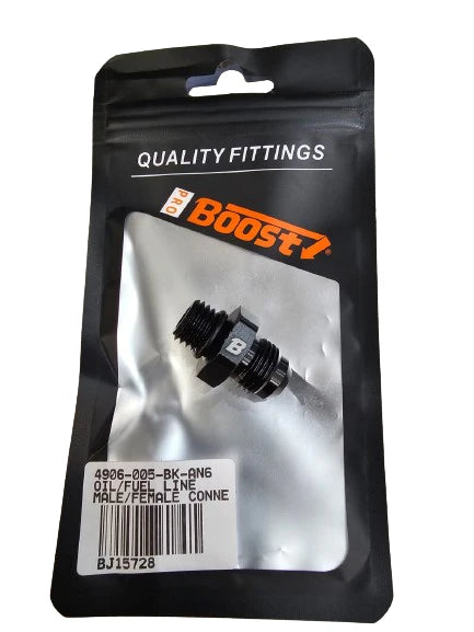 A24-2639-BOOST 6AN Flare to M12 x 1.5 Pipe Hose Adapter Fitting, Aluminum Black