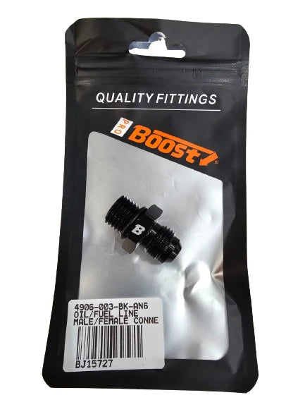 A24-2640-BOOST 6AN Flare to M14 x 1.5 Pipe Hose Adapter Fitting, Aluminum Black