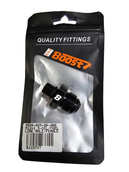 A24-2631-BOOST Straight Aluminum Male Flare -8 AN AN8 to M12 x 1.5 Male Metric Thread Pipe Fuel Fitting Adapter Black