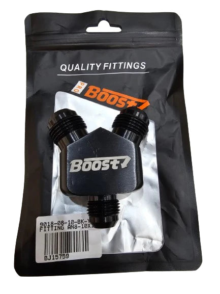 A24-2571-BOOST FITTING AN8-10X10 Y-Block Adapter Fittings Aluminum Black