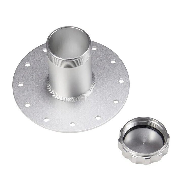 A24-2107-Billet Straight Aluminum Fuel Cell Fast Fill Filler Neck 12 Bolt Flange + Cap SR