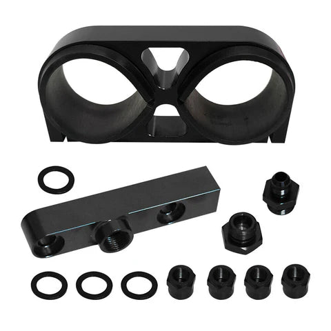 A24-1877-Aluminum Twin Dual Double 044 Fuel Pump Manifold With Mounting Bracket Black