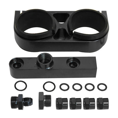 A24-1796-Aluminum Twin Dual Double 044 Fuel Pump Manifold With Mounting Bracket Black