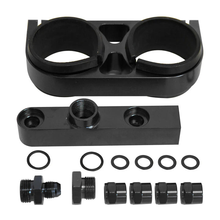 A24-1877-Aluminum Twin Dual Double 044 Fuel Pump Manifold With Mounting Bracket Black