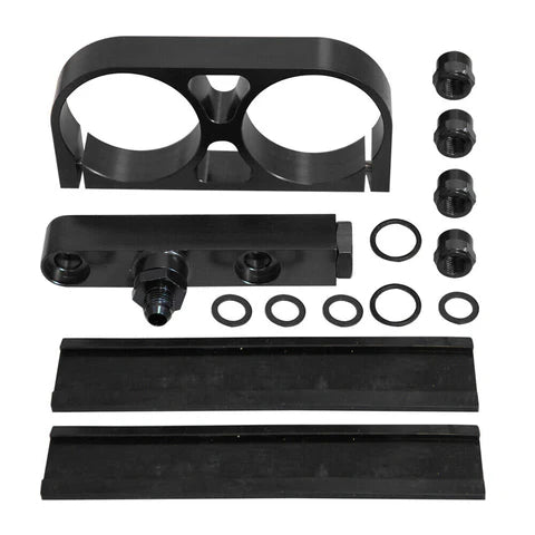 A24-1796-Aluminum Twin Dual Double 044 Fuel Pump Manifold With Mounting Bracket Black
