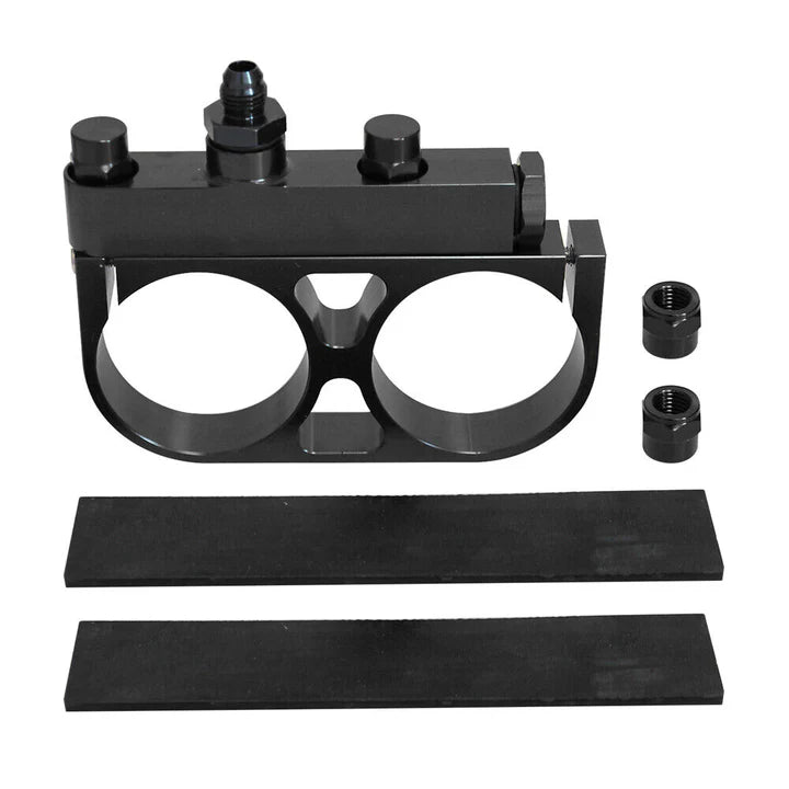 A24-1877-Aluminum Twin Dual Double 044 Fuel Pump Manifold With Mounting Bracket Black