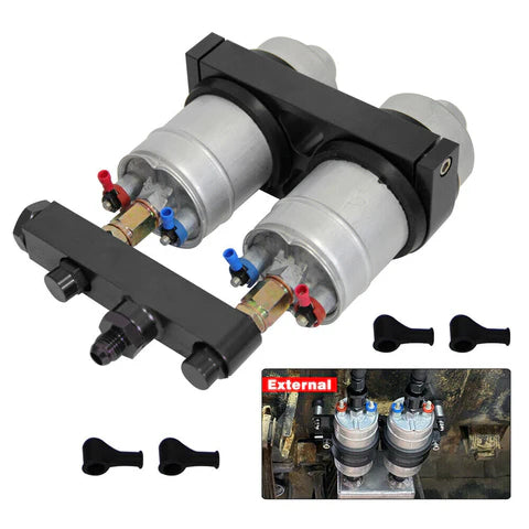 A24-1796-Aluminum Twin Dual Double 044 Fuel Pump Manifold With Mounting Bracket Black