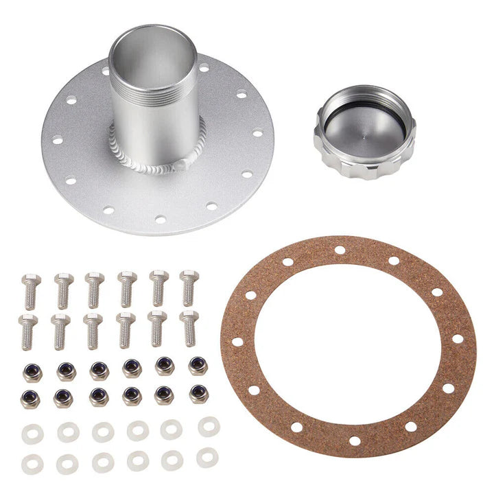 A24-2107-Billet Straight Aluminum Fuel Cell Fast Fill Filler Neck 12 Bolt Flange + Cap SR
