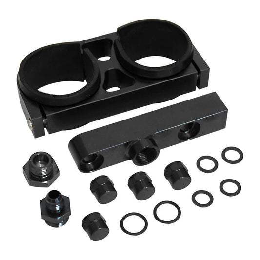 A24-2117-Aluminum Twin Dual Double 044 Fuel Pump Manifold With Mounting Bracket Black